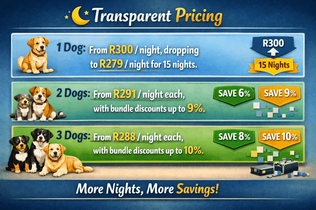 Choose the daycare or overnight boarding package that suits your dog best. Whether you need half-day care, full-day supervised play or comfortable overnight boarding, SitsHappen offers affordable pricing for every family.