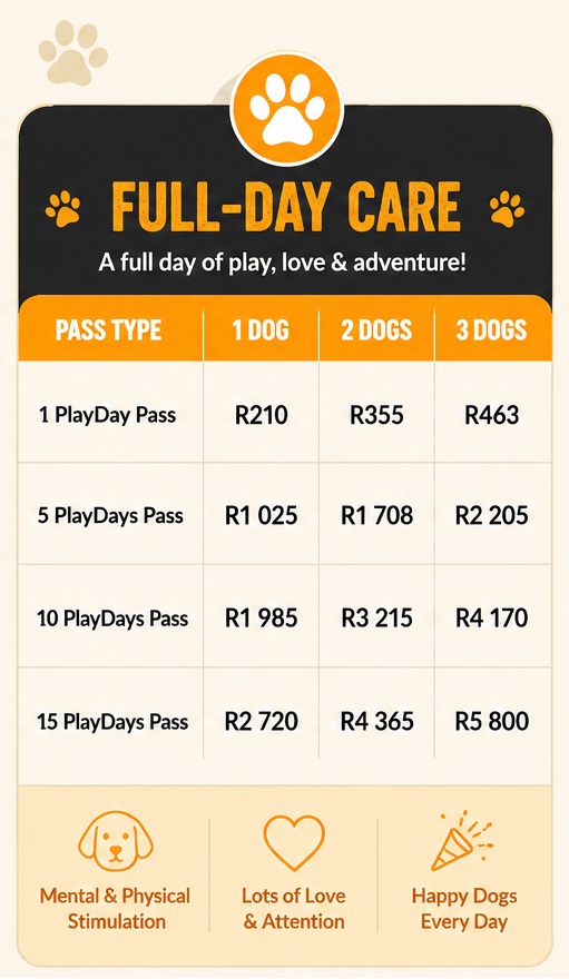 Affordable full-day dog daycare with 5, 10 and 15 pass price packages in Randburg – Sitshappen pricing.