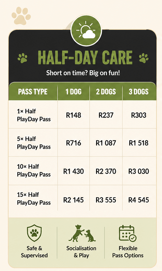 Affordable half-day dog daycare with 5, 10 and 15 pass price packages in Randburg – Sitshappen half-day, full-day and overnight stay pricing.